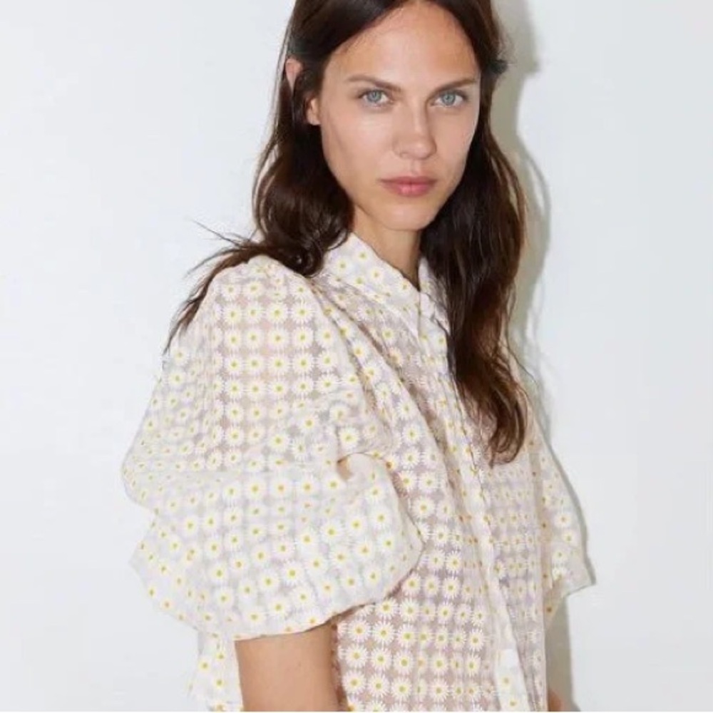 Zara Sheer White and Yellow Daisy Puff Sleeve Crop Blouse